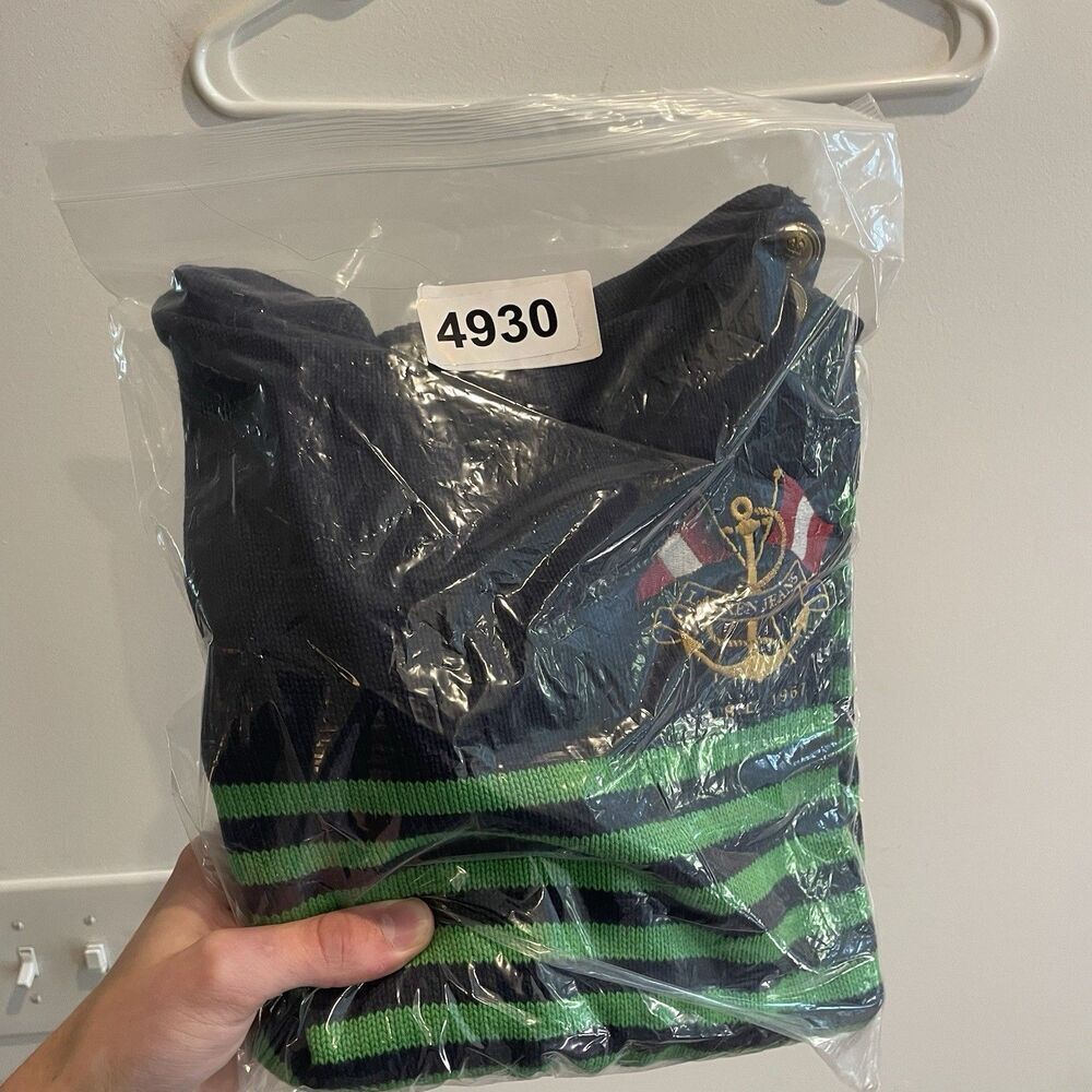 Vtg Ralph Lauren Nautical Green Sweater L Blue Stripe Embroider Preppy Fisherman - Picture 9 of 9